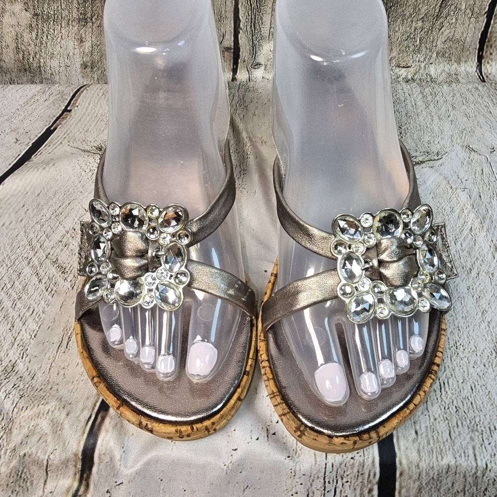 Yellow Box Silver Wedge Sandals with Crystal Embellishments Cork Heel Womens 9 - Picture 4 of 8